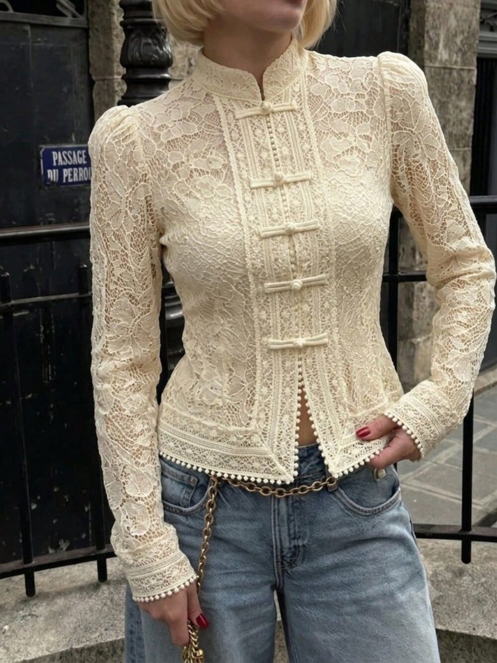 Apricot Elegant Women's Slim Fit Lace Patchwork Shacket